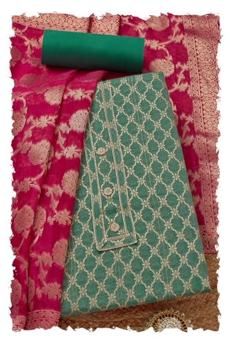 Soch Womens Teal Green Chanderi Zari Woven Unstitch Dress Material With Zari Woven