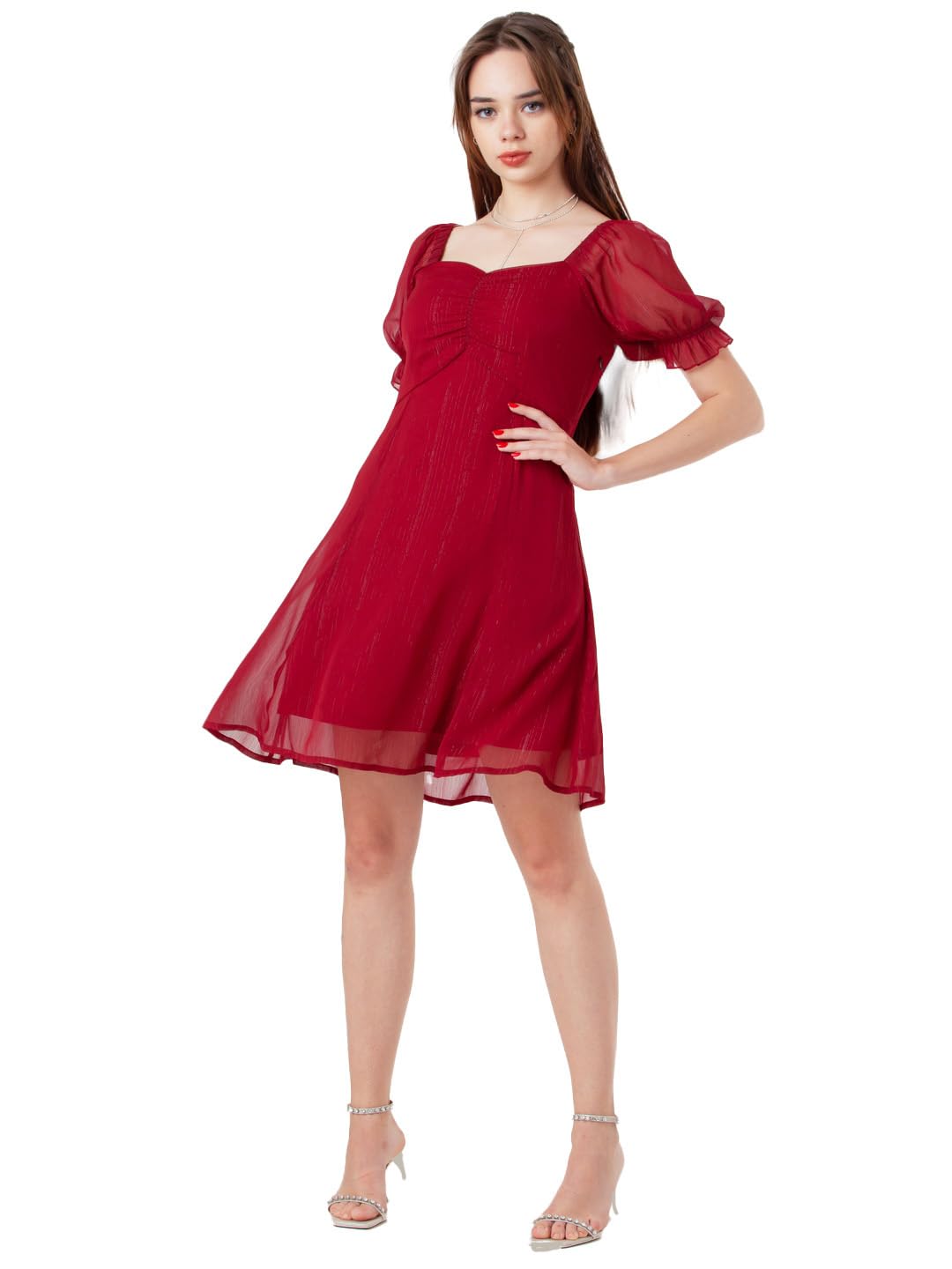 Zink London Women's Maroon Solid Regular Short Dress