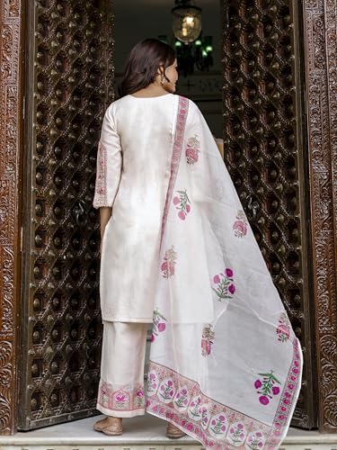 TRENDMALLS Women's Cotton Embroidery Kurta Pant with Dupatta Salwar Suit Set (G287-Offwhite-S-)