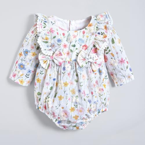 Hopscotch Girls White Full Sleeves Bow Applique Ruffled Onesie For Age (18-24 Months)