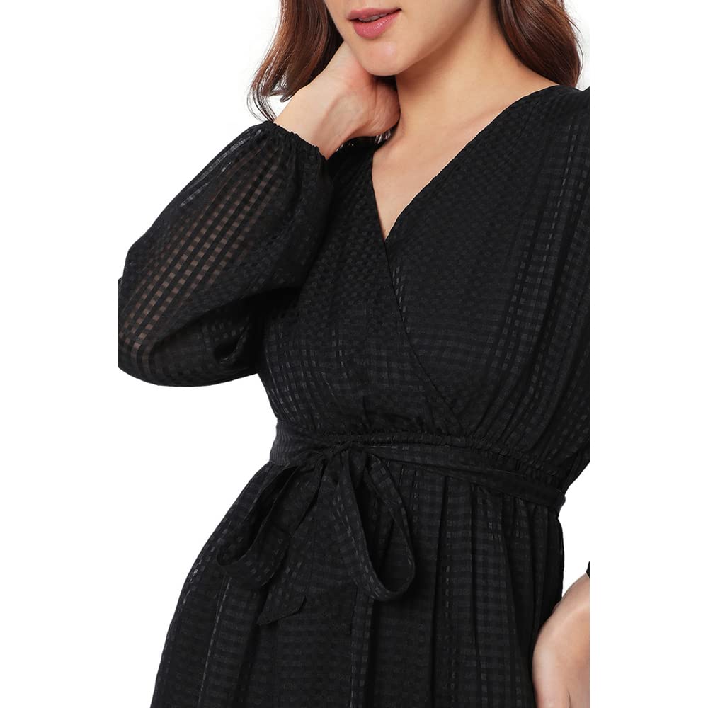 VERO MODA Printed Polyester V Neck Women's Midi Dress (Black,XL)