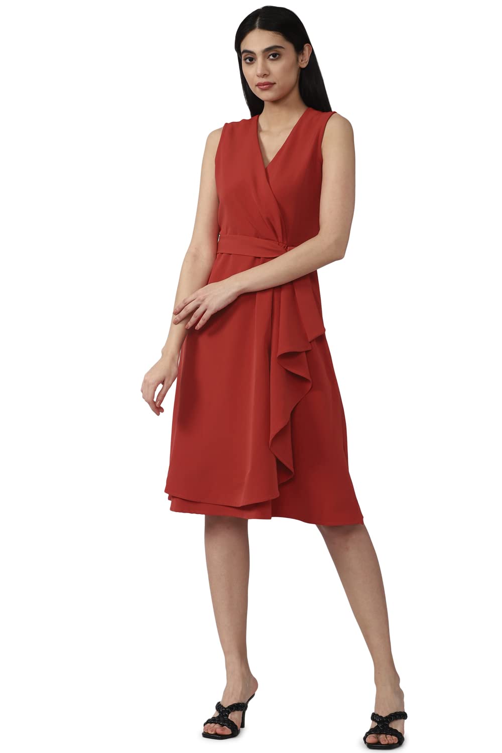 Van Heusen Women Red Solid Knee Length Formal Dress
