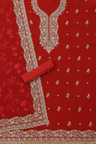 Soch Womens Rust Organza Embroidered Unstitch Dress Material With Thread Work