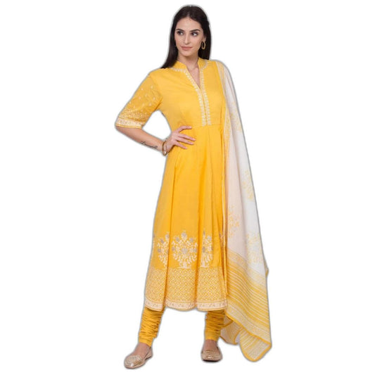 BIBA Women's Cotton Printed Fitted Salwar Kurta Dupatta (Skdassorted5919E_Yellow_38)