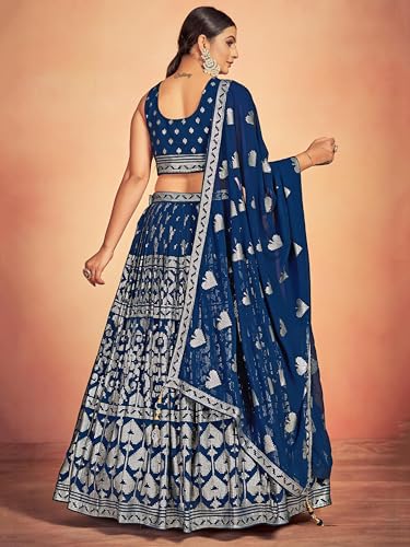 Zeel Clothing Sequins Thread Embroidered Work Pure Georgette Lehenga Choli With Dupatta (5117-Blue-Women-Lehenga-Choli-New; Free Size)