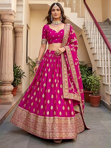Zeel Clothing Women's Sequins Zari Embroidered Art Silk Lehenga Choli with Dupatta (5111-Pink-Womens-Lehenga-Choli; Free Size) (Pink)