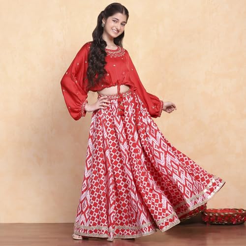 Biba Girl's Polyester Lehenga Set (KWSNKIS6316SS25RED_Red_14-15 Year)