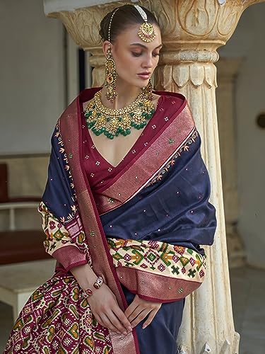 SAREE MALL Women's Ikat Printed Mirror Work Cotton Silk Saree With Unstiched Blouse Piece (Navy Blue_AARIP497D_RW)