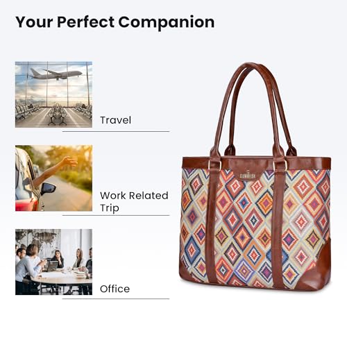 THE CLOWNFISH Miranda Series 15.6 inch Laptop Bag For Women Printed Handicraft Fabric & Faux Leather Office Bag Briefcase Hand Messenger bag Tote Shoulder Bag (Multicolour-Diamond)