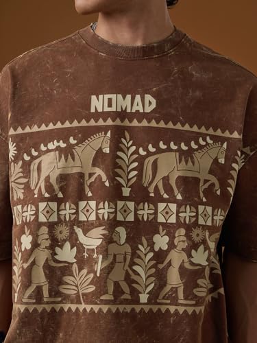 The Souled Store Nomad: Brown Men and Boys Short Sleeves Round Neck Brown Ethnic Graphic Casual Drop Shoulder Streetwear Trendy Cotton Super Oversized T-Shirt