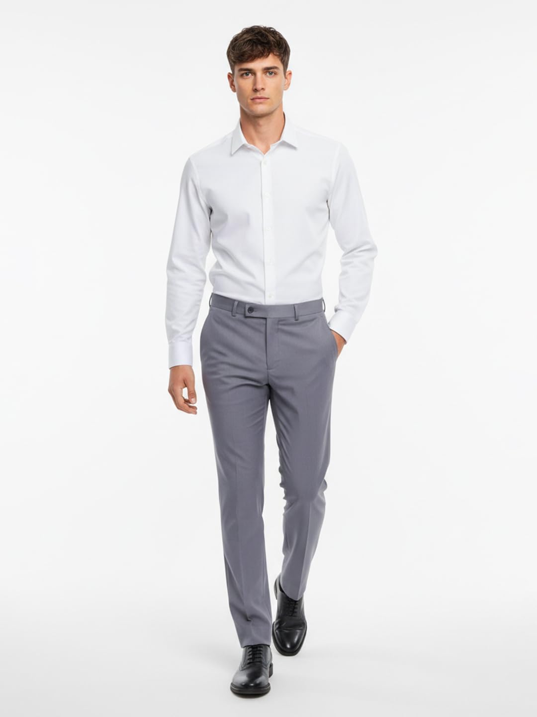 Park Avenue Men Slim Fit Solid Pattern Poly Viscose Blend Flat Front Formal Trouser Medium Grey