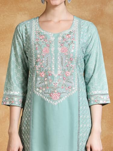 Varanga Women Thread Embroidered Kurta With Trouser & Floral Printed Dupatta
