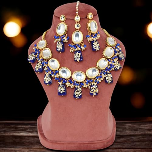 Lucky Jewellery 18K Gold-Plated Back Meenakari Kundan Necklace | Elegant Blue Color Necklace Set for Women & Girls (1110-J5SK-1633-B)