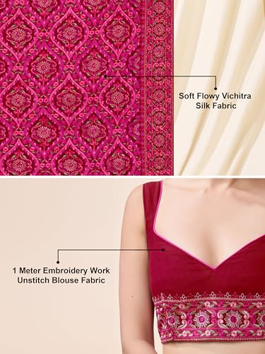 TRENDMALLS Women's Vichitra Silk Embroidery Work Saree with Unstitch Blouse Piece (K1088-Red)