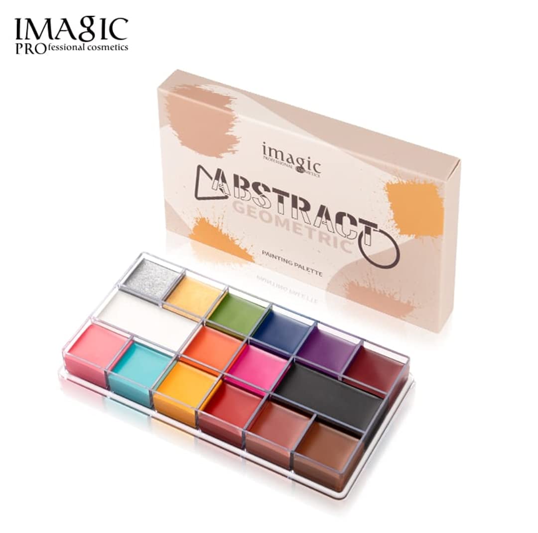 Beauty World Imagic Abstract Geometric 16 Color Face Paint Palette designed with a plastic transparent case. With safety ingredients, oil-based formula, creamy texture, and 16 pigmented and vibrant colors