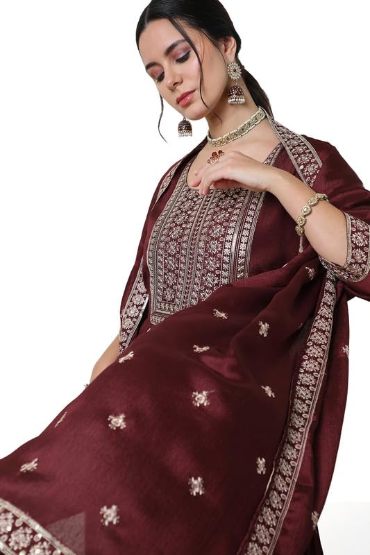 Soch Womens Maroon Embroidered Chinon Blend Gown with Sequins