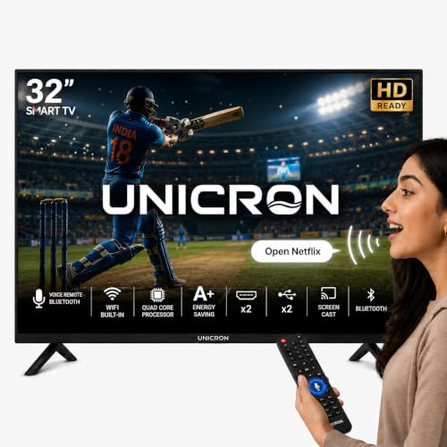UNICRON 32 Inch Frameless Smart LED TV | Voice Control Android Smart TV | Bluetooth, WiFi, Screen Mirroring | HD Ready Display | HDMI, USB Connectivity | Smart Television for Home | Screen A+ TV
