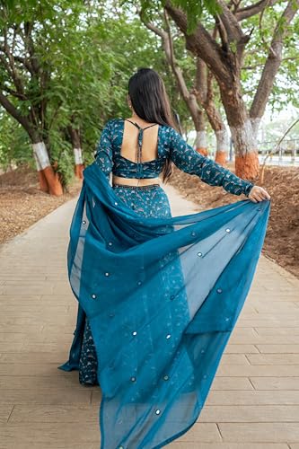essaySumedha Agrawal Organza Satin Organza Santoon Floral Lehenga for Women (Size: XXL, Teal)