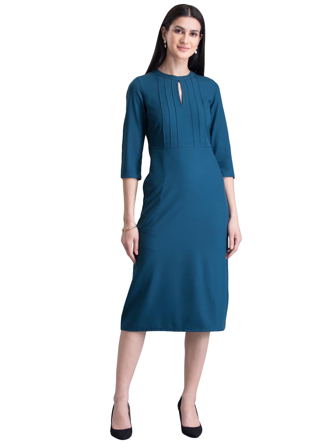 FableStreet Women's Polyester Stylised Neck Pintuck Midi Dress Teal
