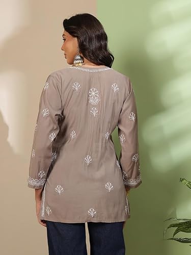 Ada Hand Embroidered Lucknowi Chikankari Chanderi Short Kurti Top Tunic for Women A911562 Stone Brown (3XL)