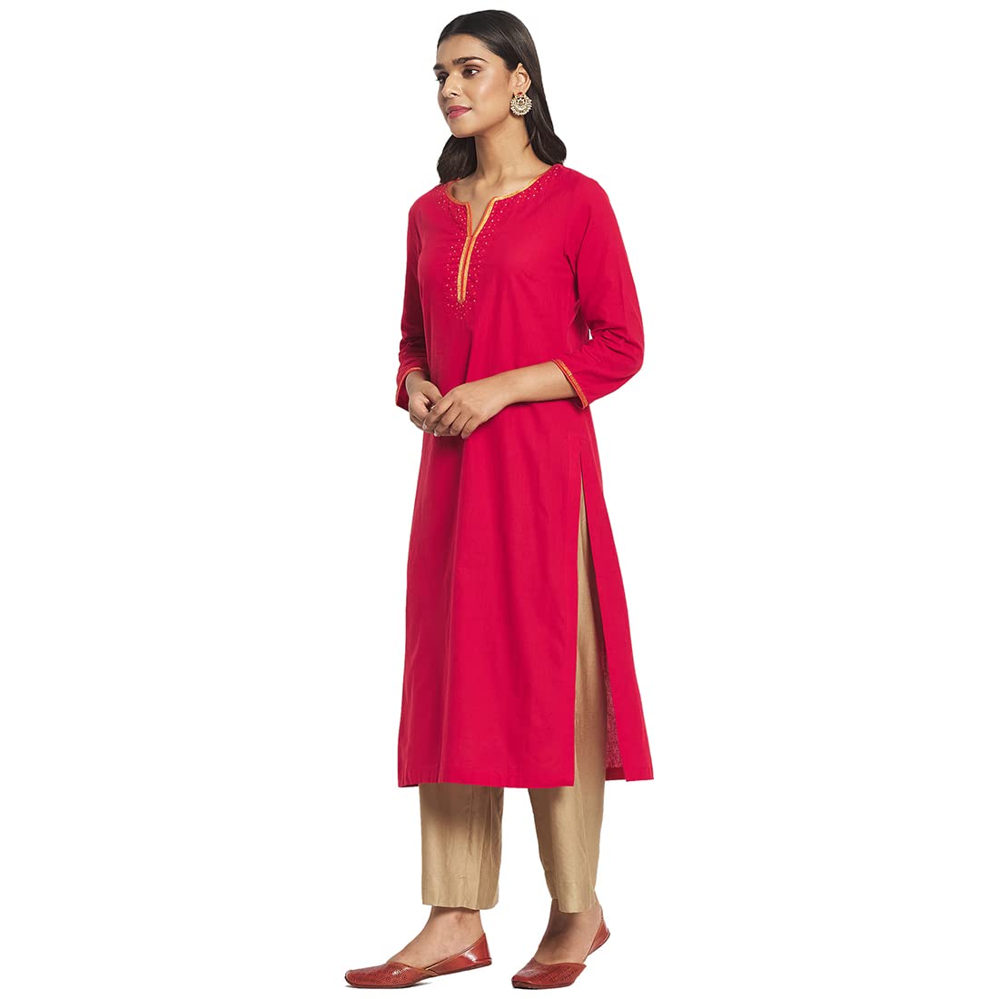 Fabindia Women Cotton Embroidered Long Kurta Red_XL