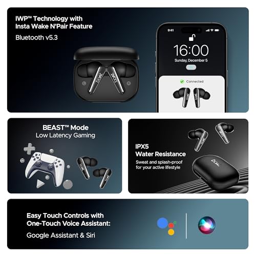 boAt Airdopes 280 ANC, Active Noise Cancellation(~32dB), 60Hrs Battery, 13mm Drivers, 4Mics ENx, Fast Charge, IPX5, v5.3 Bluetooth Earbuds, TWS Ear Buds Wireless Earphones with mic (Active Black)