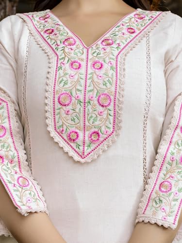 TRENDMALLS Women's Cotton Embroidery Kurta Pant with Dupatta Salwar Suit Set (G287-Offwhite-S-)
