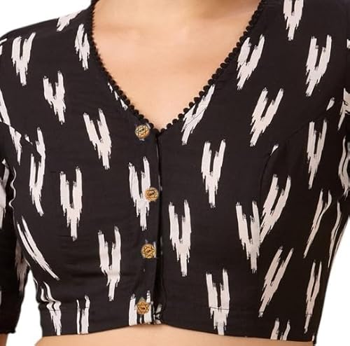 Studio Shringaar Women's Readymade Black Cotton Block Printed Elbow Length Sleeves Saree Blouse (Black, 48)