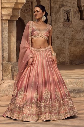 JIHU CULTURE Women’s Semi-Stitched Pink Fancy Silk Zari & Sequin Embroidered Lehenga Choli with Net Dupatta