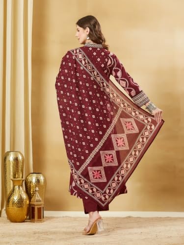 Divena Maroon Cotton V-Neck A-Line kurta Pant set With Dupatta