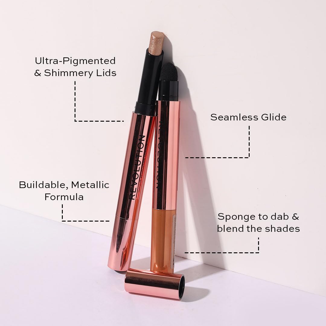 Makeup Revolution- Lustre Wand Shadow Stick- Obsessed Bronze | Ultra-pigmented & Shimmery lids | Seamless glide | Buildable, Metallic Formula | Sponge to dab & blend the shades-1.6 g