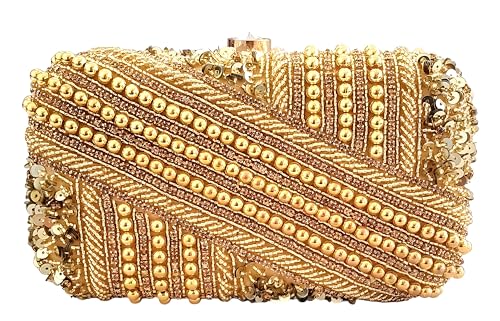 DUCHESS Golden Pearl Embellished Clutch for Women | Sequin & Beaded Party Purse | Elegant Wedding Handbag for Girls | Stylish Bridal Accessory | Designer Evening Bag for Festive Occasions