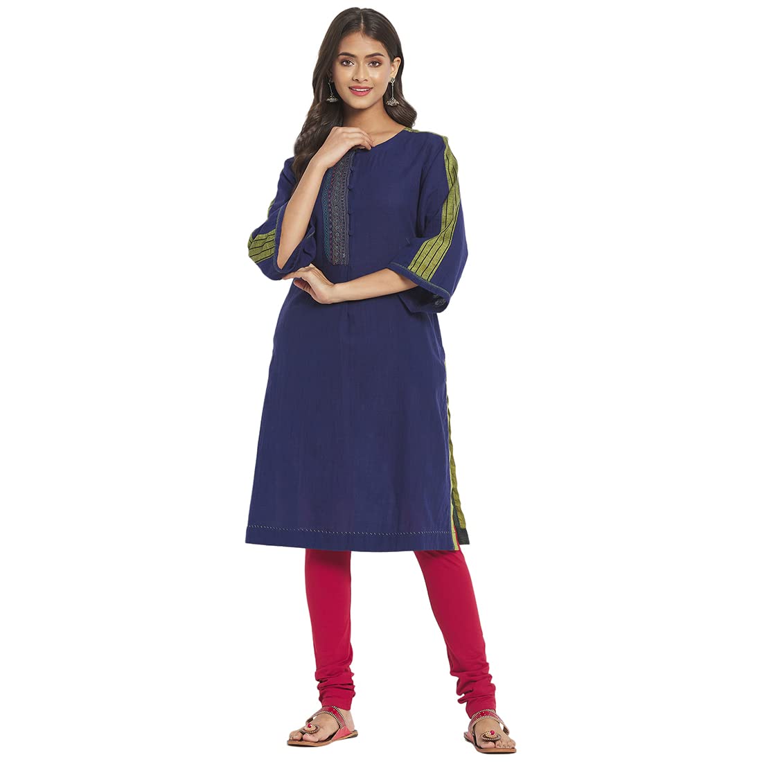 Fabindia Women Round Neck Placket Medium Kurta Cotton_L Navy Blue
