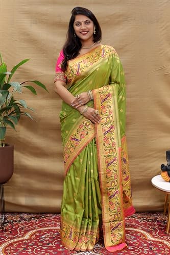 AMIRAT Women's Paithani Silk Woven Zari Saree With Blouse Piece (perrot Green)