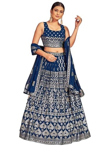 Zeel Clothing Women's Pure Georgette Semi-stitched Sequins Thread Embroidered Work Lehenga Choli With Dupatta (5117-Blue--Lehenga-Choli-New; Free Size)