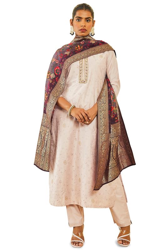 Soch Womens Blush Pink Silk Blend Floral Embroidered Suit Set with Contrast Dupatta