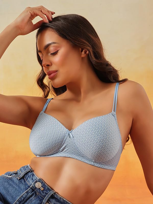 Clovia Women's Printed Non-Wire Padded Full Coverage T-Shirt Bra (BR1067F03_32C_Blue)