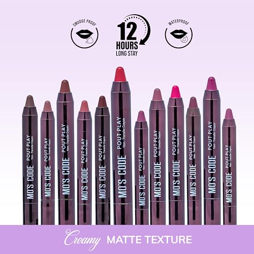 MO'S CODE-Pout Play-Non Transfer Crayon |Waterproof & Smudgeproof|Long wearning|Hydrating|Enriched with Vitamin E, Jojoba Oil, Shea Butter| 3 gm|