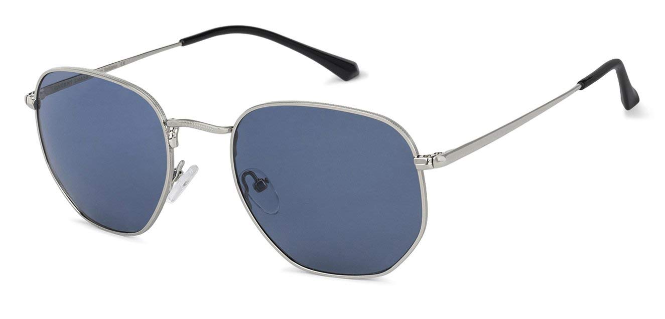 VINCENT CHASE EYEWEAR Polarized and 100% UV Protected | Silver-Blue Full Rim Hexagonal | Stylish & Premium Sunglasses | For Men & Women | Large | VC S12917