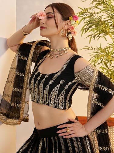 Zeel Clothing Women's Cotton Thread Sequins Work Embroidery Soft Net Lehenga Choli With Dupatta (NFH-2149-Black-Women-Lehenga-Choli; Free size) (Black)