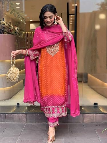TRENDMALLS Women's Chiffon Embroidery Bandhani Print Salwar Suit Set Kurta Pant with Dupatta (G289-Orange-3XL-)