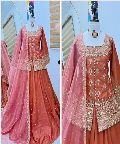 TILKI FASHION Kurti With lehenga And Dupatta Set Bollywood Style Embroidery lehenga Choli Set For Woman (CHINGARI ORANGE, Large)