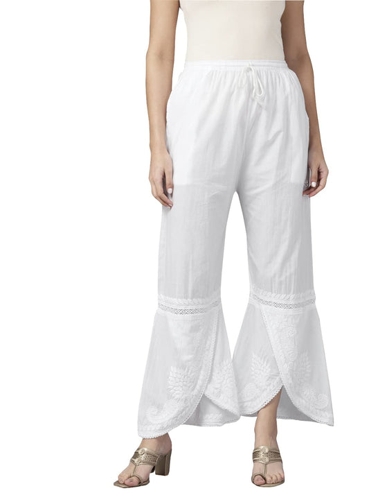 Ada Lucknow Chikankari Hand Embroidered White Cotton Palazzo Pant for Women A711163 (L)