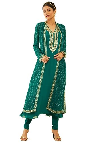 Soch Womens Green Georgette Floral Embroidered Chudidar Suit Set with Stonework(OWS2CD2108A)