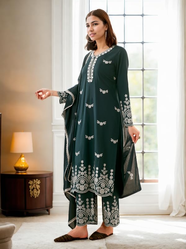 V4M Women's Embroidered Teal Blue Straight Pure Cotton Kurta Set