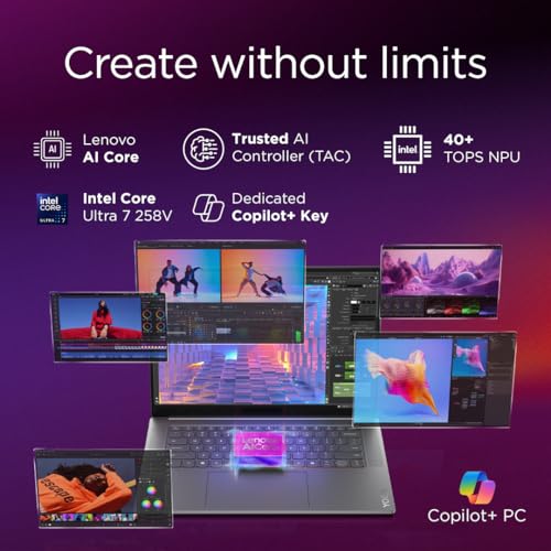 Lenovo Smartchoice Yoga Slim 7 Aura Edition, Intel Core Ultra 7 258V, 47 Tops, Copilot+ AI PC, 32GB RAM, 1TB SSD, 15"(38.86cm), Windows 11, MS Office Home 2024, Grey, 1.53Kg, 83HM004NIN, AI Laptop