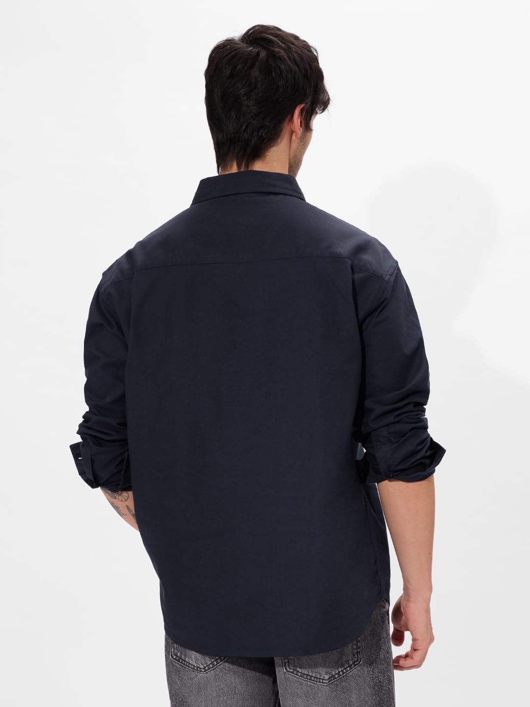 The Souled Store Solids: Classic Indigo Men and Boys Long Sleeves Collared Neck Button Front Cotton Utility Shirts