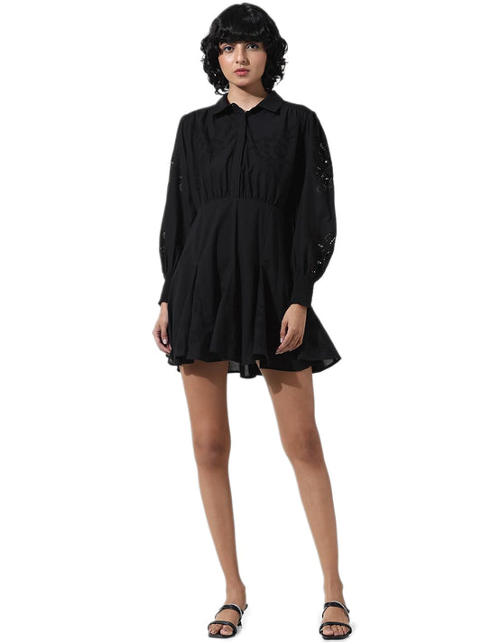 ONLY Women Self Design Black Cotton Mini Length Fit and Flare Dress