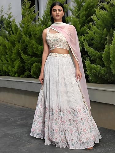 Zeel Clothing Women's Floral Printed Georgette New Lehenga Choli with Dupatta (5081-White-Women-Lehenga-Choli; Free Size)