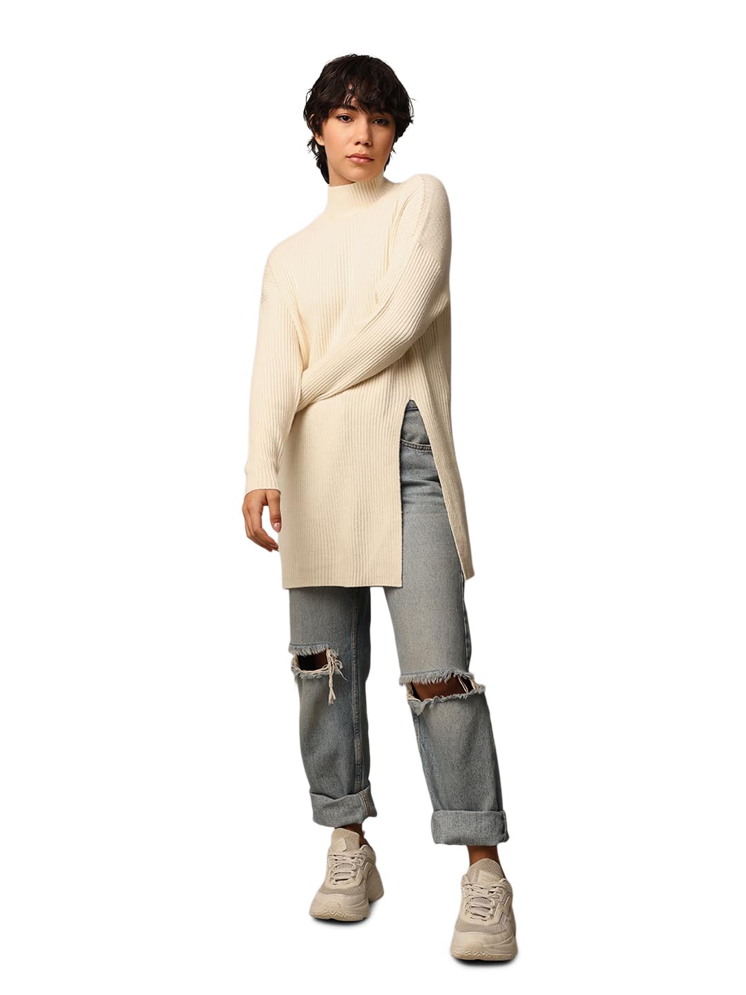 ONLY Women's Rayon Blend High Neck Pullover Sweater (15311810-Whitecap Gray_Whitecap